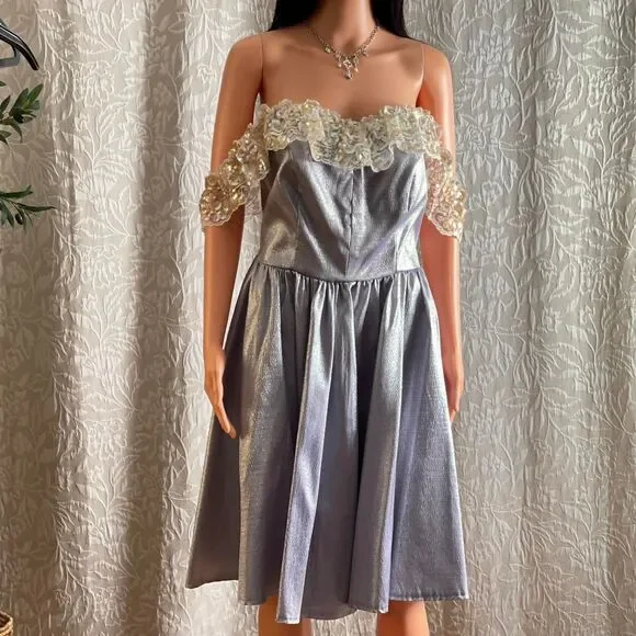 NWT Vintage 90s Recollections Lavender Metallic‎ Saloon Dress Sequin Lace Size M - Picture 2 of 8